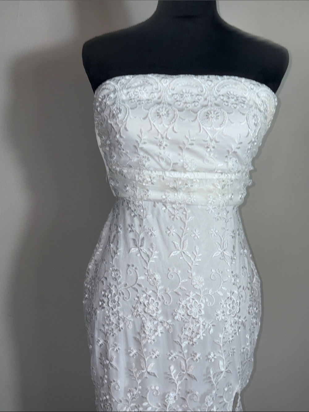 Lulu's White Strapless Lace Midi Dress with Side Slit - Picture 3 of 9